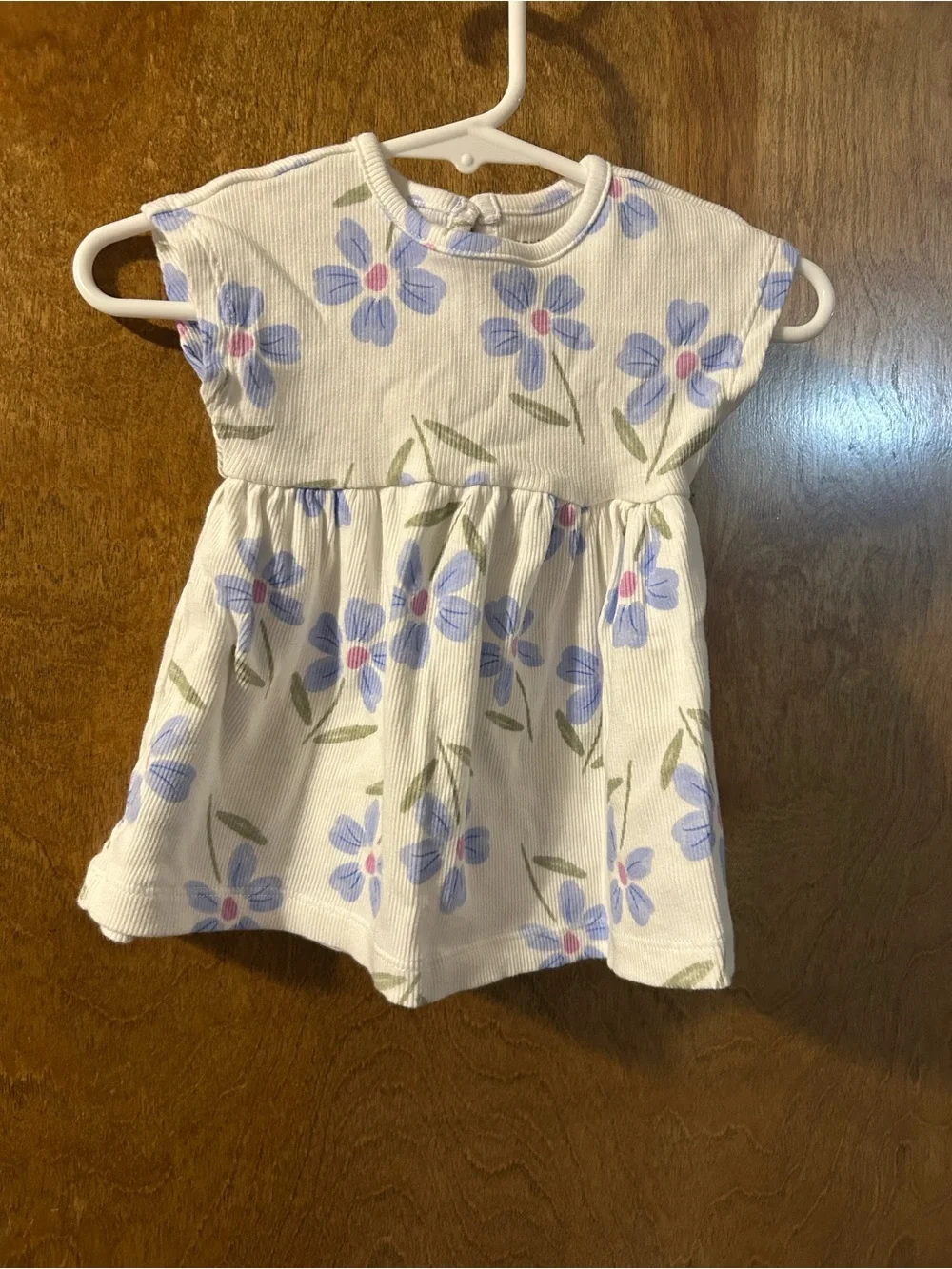 Baby Floral Ribbed Dress - White with Blue Flowers